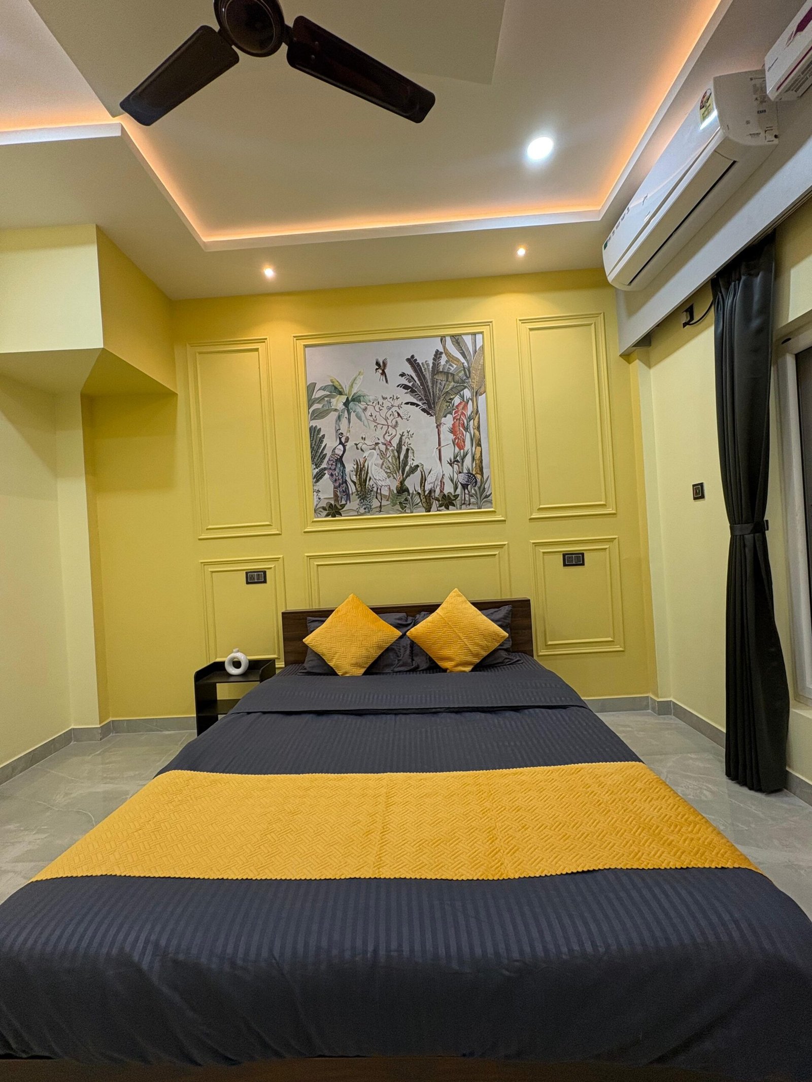 Home yellow bedroom with bed copy